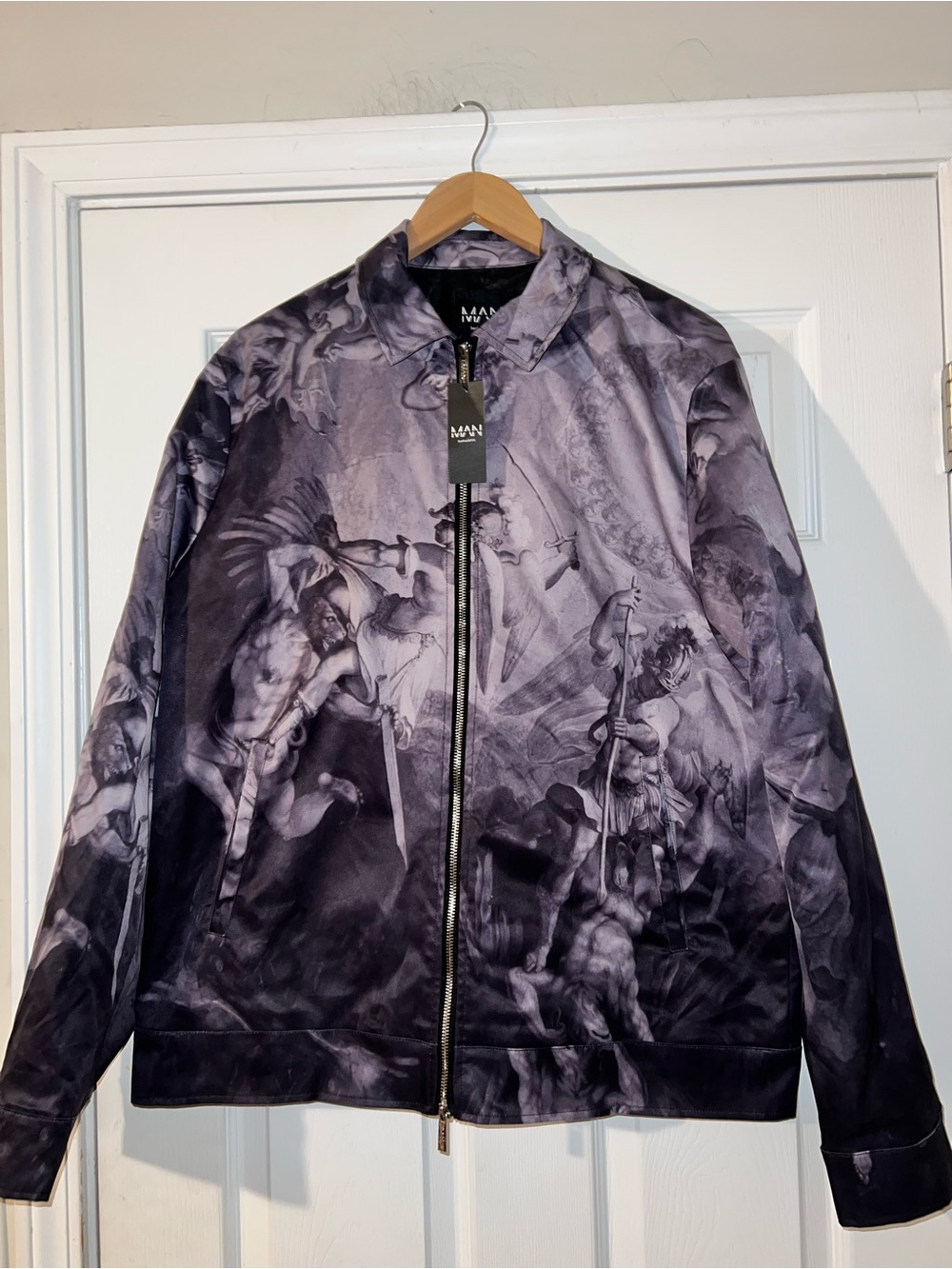 Boohoo Man Harrington monochrome Renaissance art print jacket men’s size XL